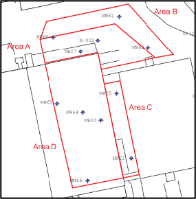 Site Map with Injection Areas (Note: downgradient Area E, well MW-9B, not shown)
